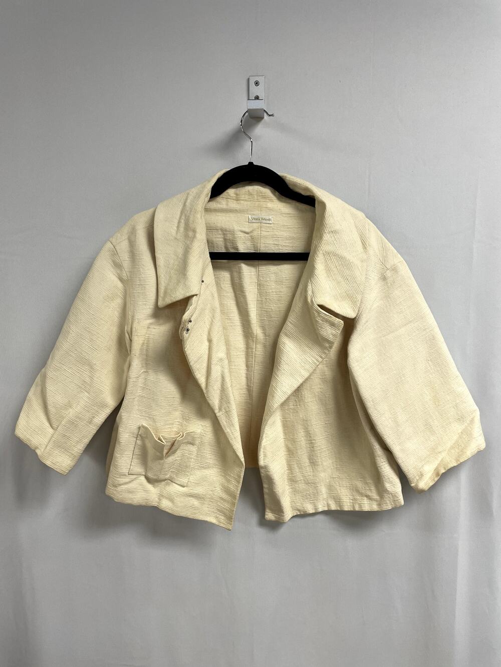 VERA WANG Cream Textured Knit Open Front Cropped Blazer Half Sleeves Size 10